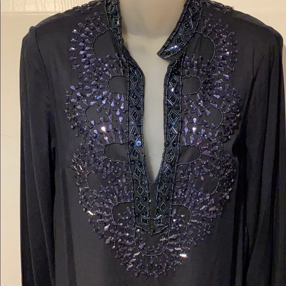 Tory Burch Navy Tunic Top Dress Coverup Crystals Beaded 8 NWT